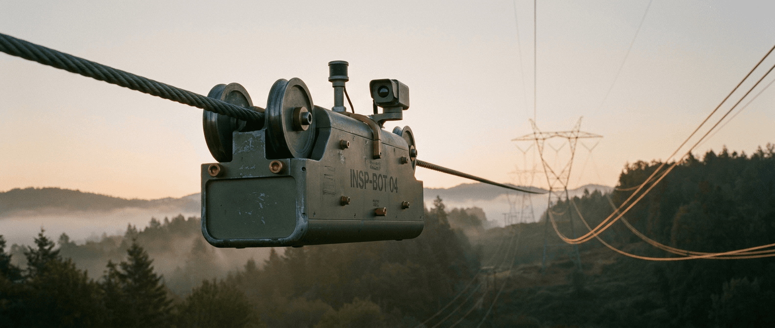 Scooter Bro, a small green inspection robot, riding a transmission conductor at dawn with fog-covered hills and lattice towers behind