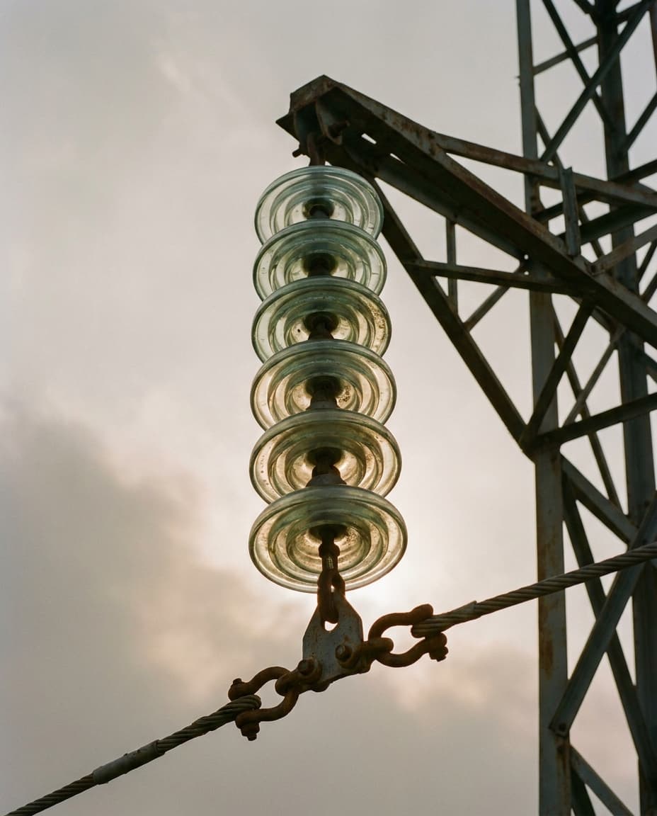 A string of glass suspension insulators hanging from a lattice tower arm in dawn light