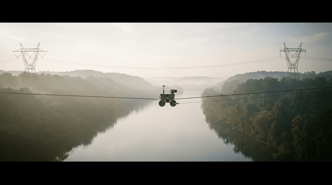 A long conductor span over a hazy river valley, the robot a small silhouette mid-span